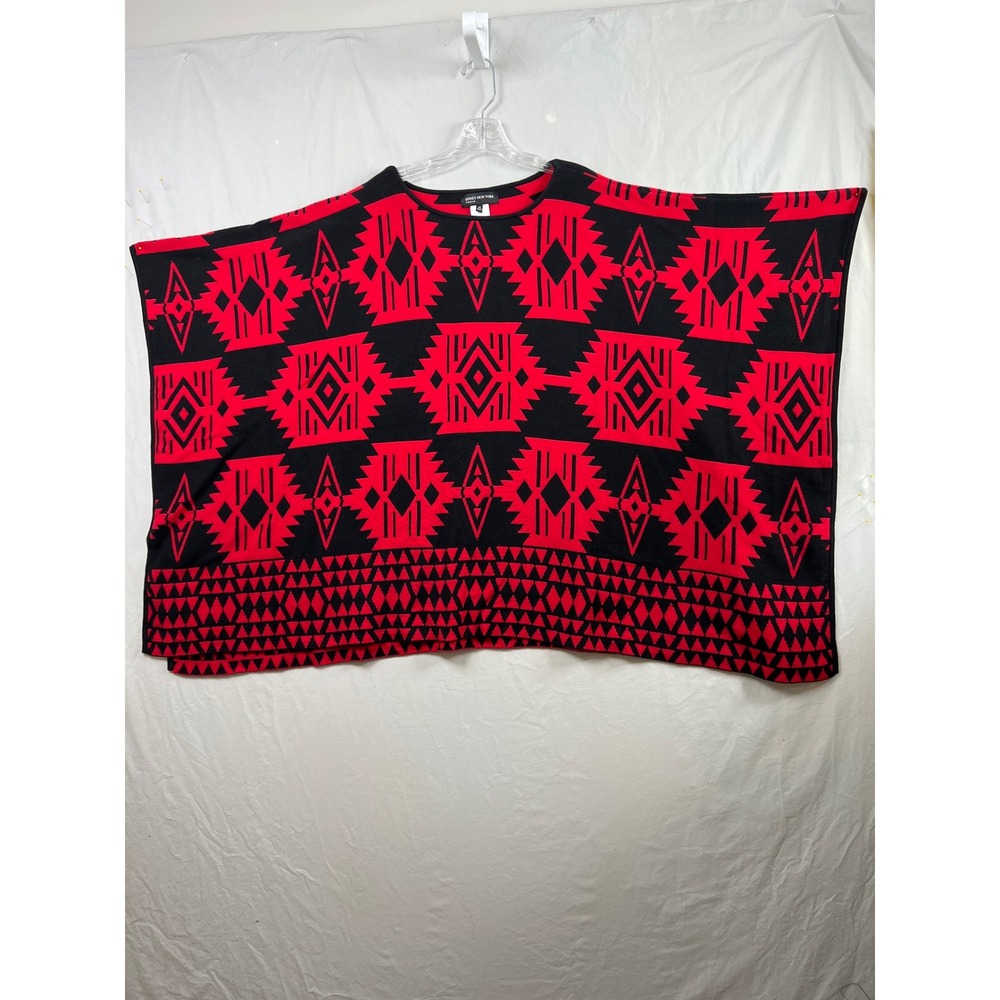 Jones New York Poncho Women 1SZ Red Black Geometric Southwestern Knit Wrap